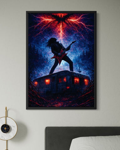 Black-framed stranger things poster showing a guitarist on an rv under a red lightning storm titled the guitar strike