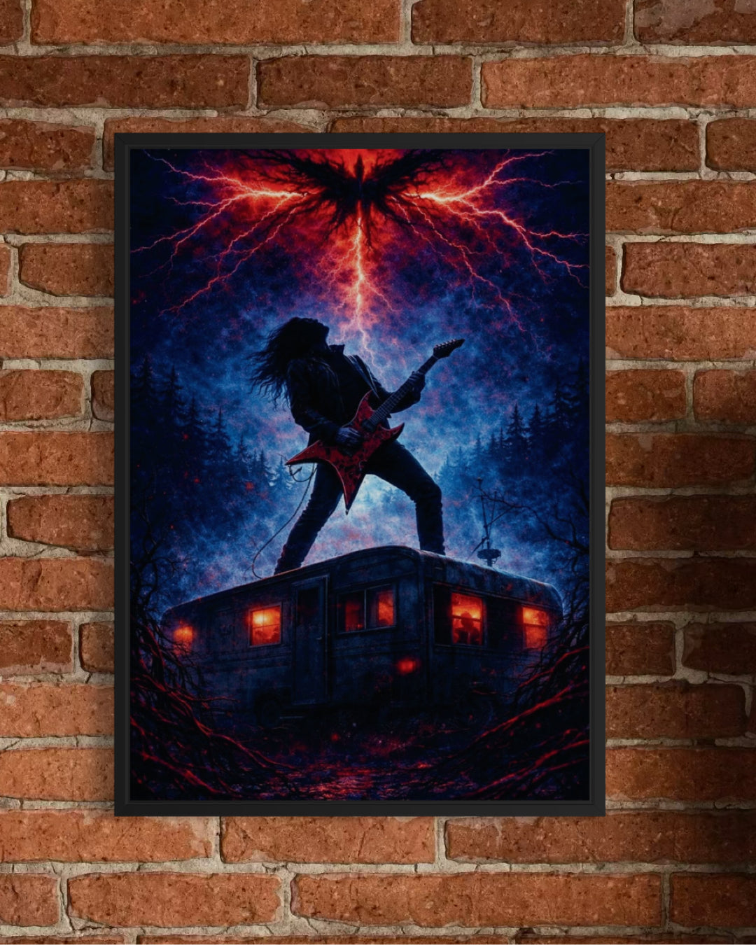 Black-framed stranger things poster featuring a guitarist silhouette with red lightning and winged figure above vintage trailer