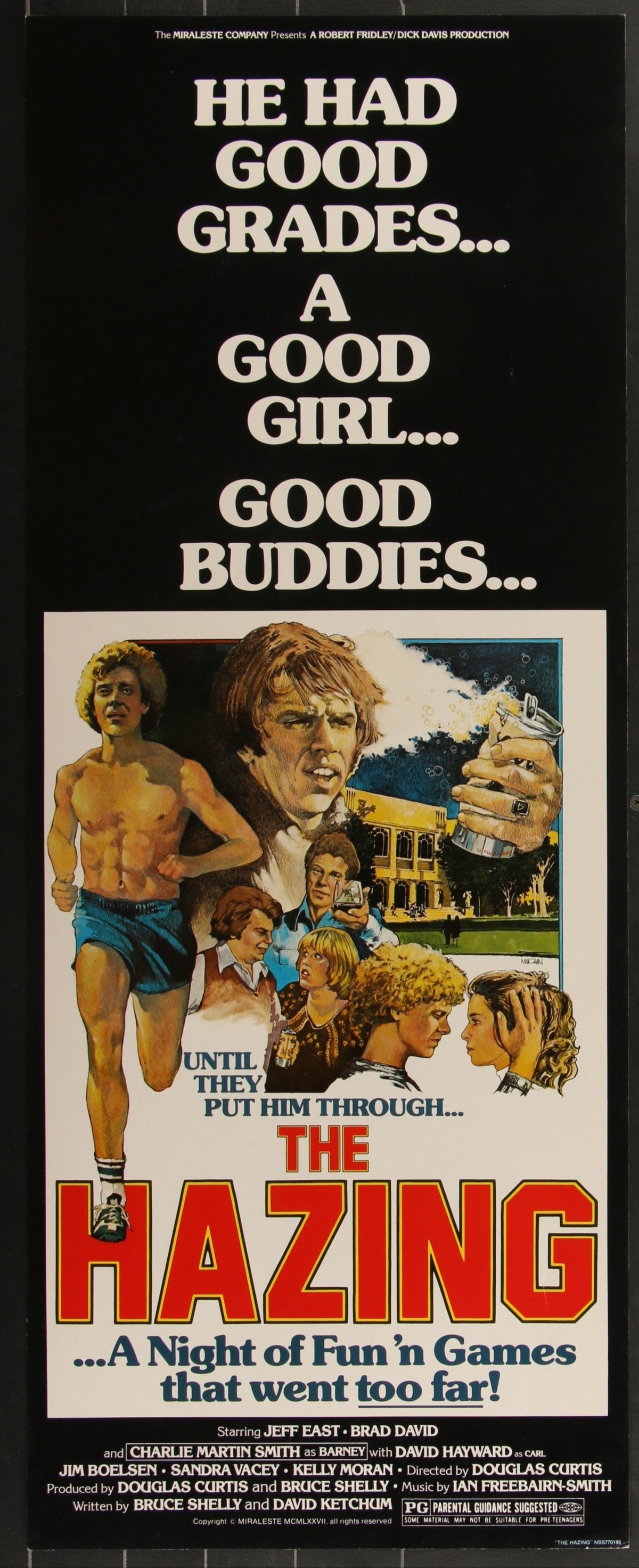 The hazing 1977 original us insert movie poster features bold red title and intense man with dynamic characters on black background