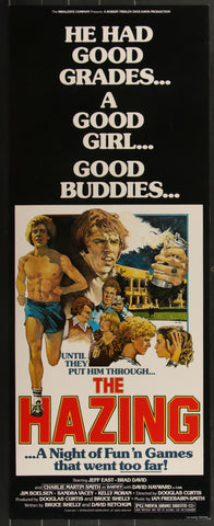 The hazing 1977 original us insert movie poster features bold red title and intense man with dynamic characters on black background