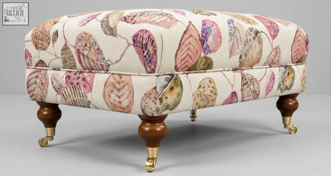 The highland foot stool cushioned ottoman with cream fabric patterned leaves, solid wood frame, high density foam, and leg options