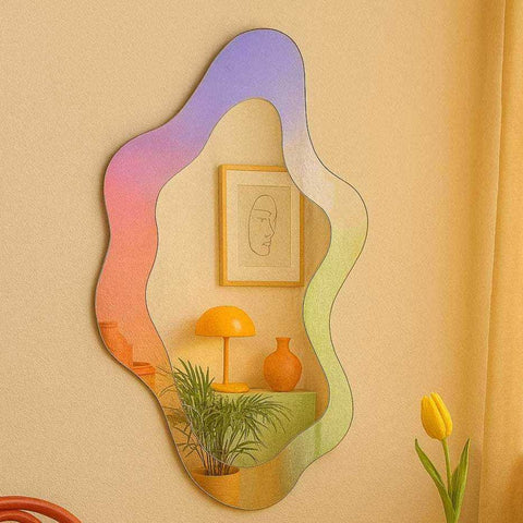 The irregular acrylic mirror is a vibrant irregular holographic mirror with a wavy shape and purple pink green gradient finish