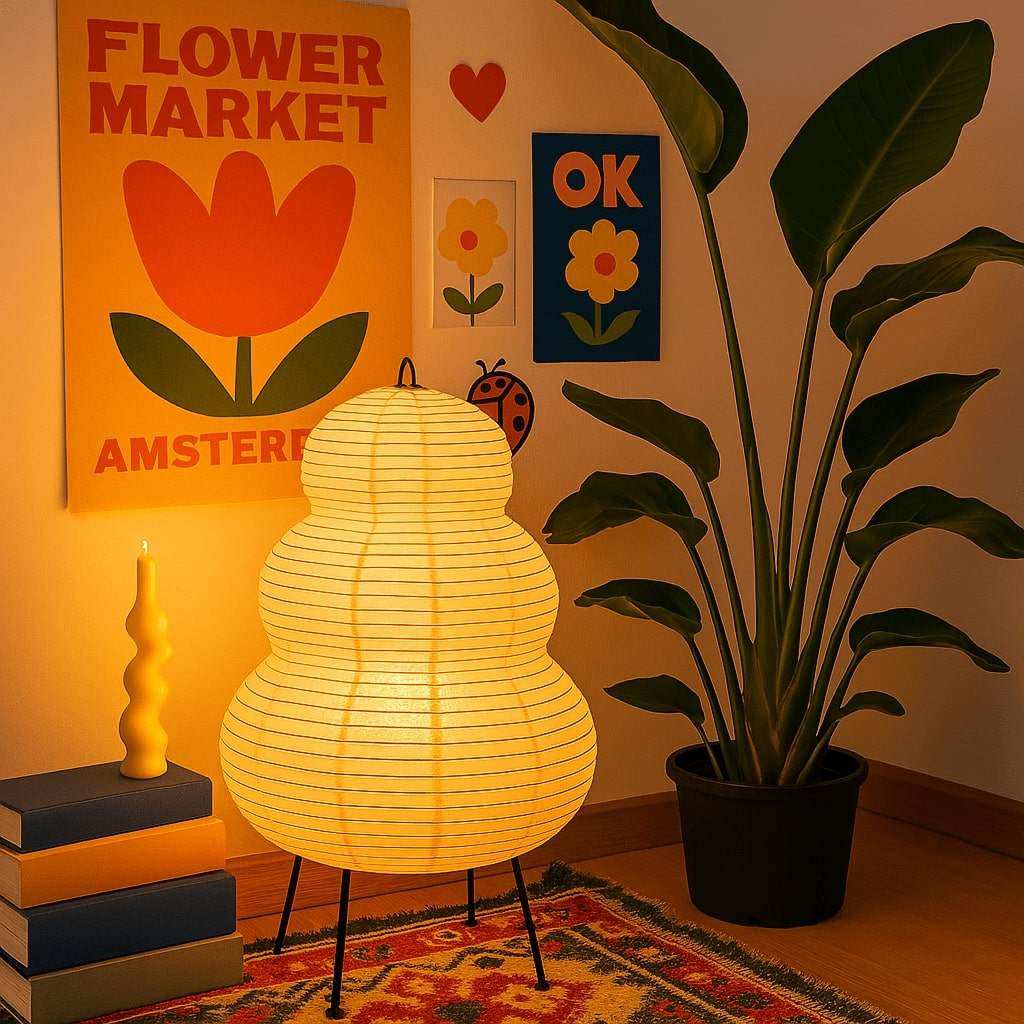 Warm yellow japanese hikaru lamp with tiered rice paper shade and black iron tripod legs for cozy lighting