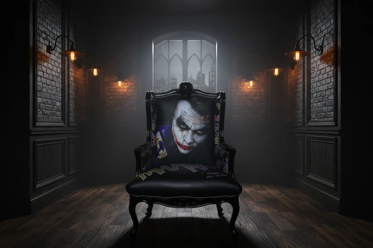 Black leather joker chair showing the printed joker face on the backrest of the armchair