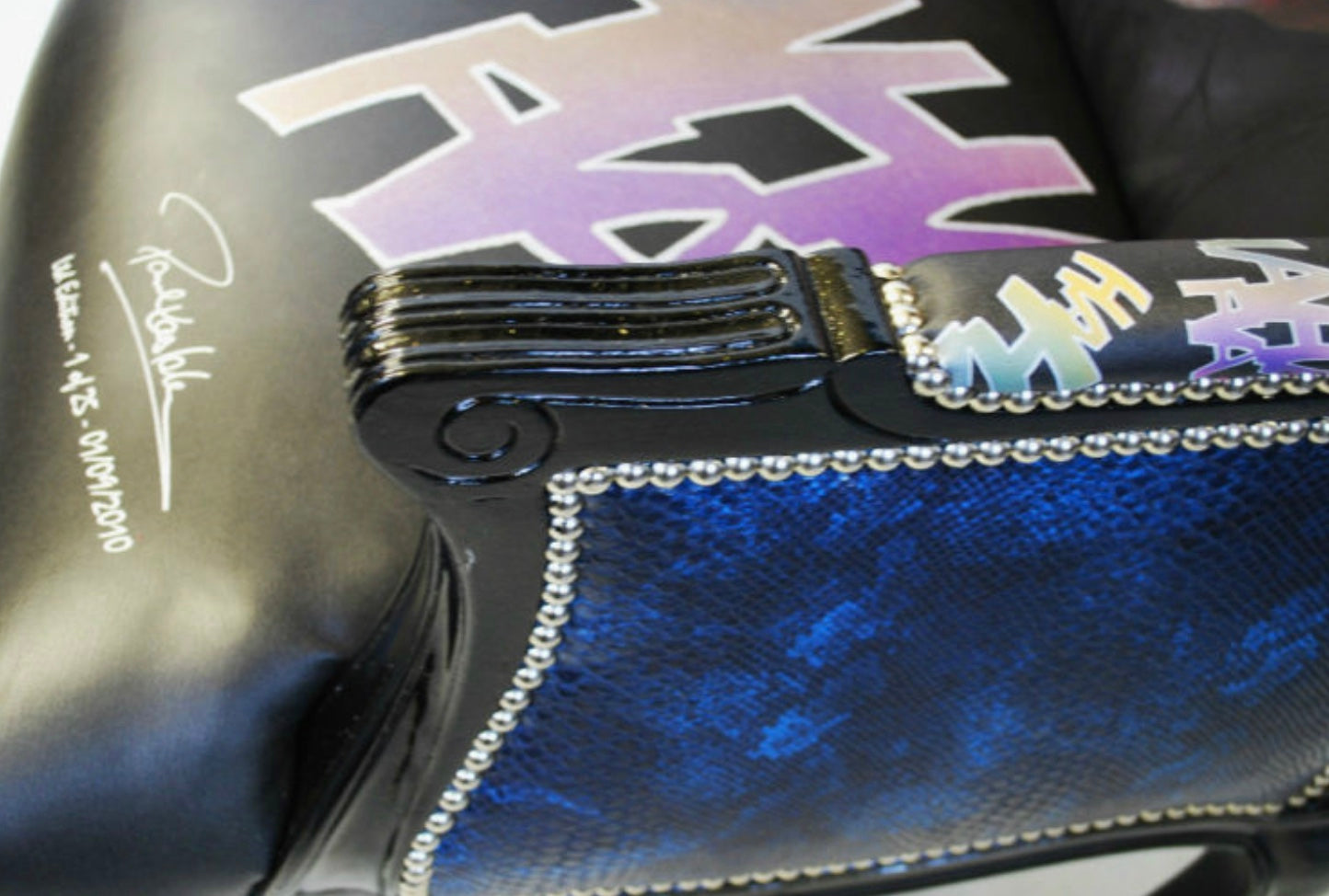Black leather boot with blue snakeskin pattern silver beaded trim and decorative buckle for joker chair style