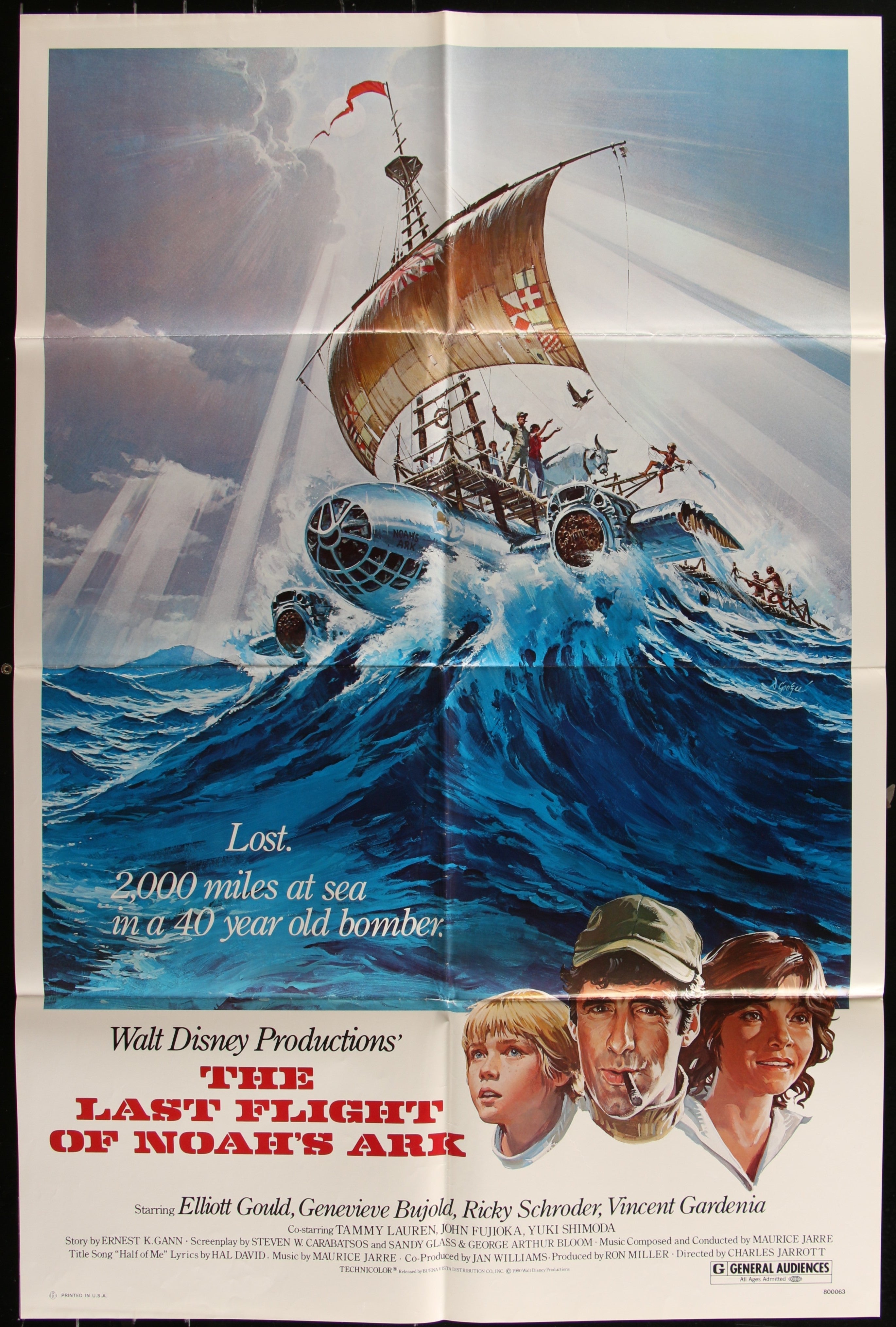 The last flight of noahs ark 1980 original us one sheet movie poster with stormy ship illustration and turbulent waves