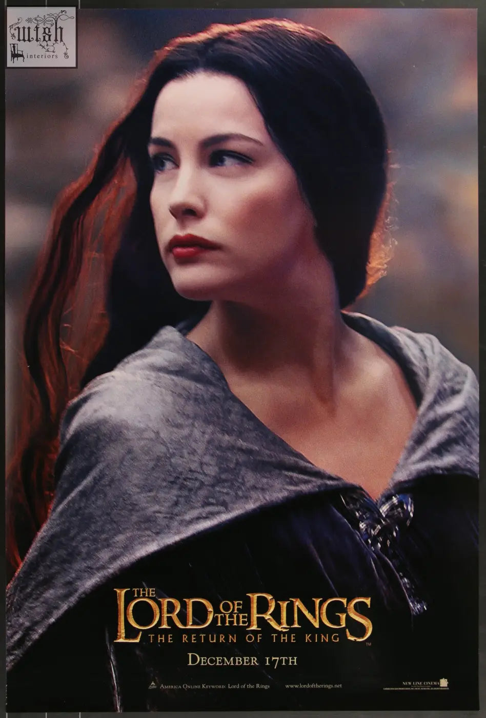 A dark textured cloak with silver clasps on an actress featured in the lord of the rings movie poster with elijah wood and ian mckellen