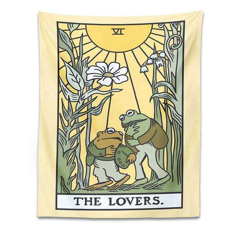 A pale yellow lovers frog tarot tapestry with two dressed frogs under roman numeral vi in a sunlit garden scene