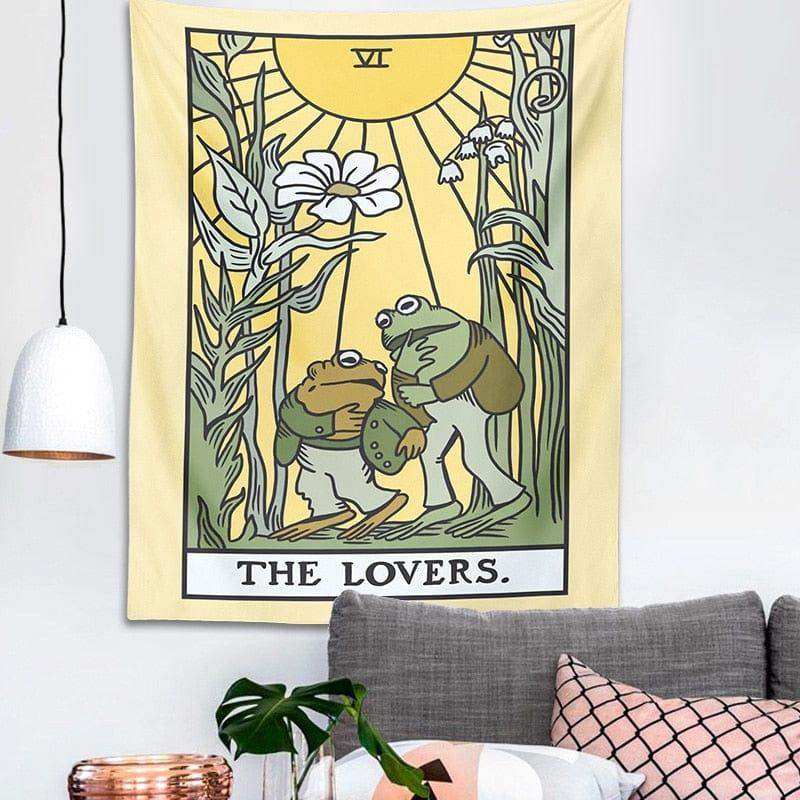 A yellow lovers frog tarot tapestry showing two frogs in a romantic pose under a sun with green and white details