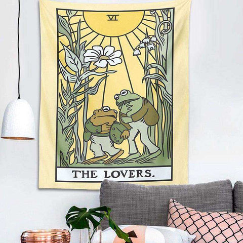 A yellow lovers frog tarot tapestry showing two frogs in a romantic pose under a sun with green and white details