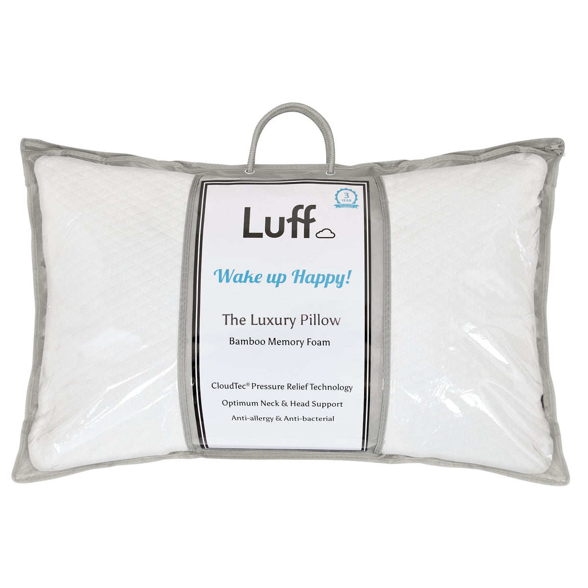 White luff luxury bamboo pillow with memory foam inside gray fabric packaging for comfy sleep