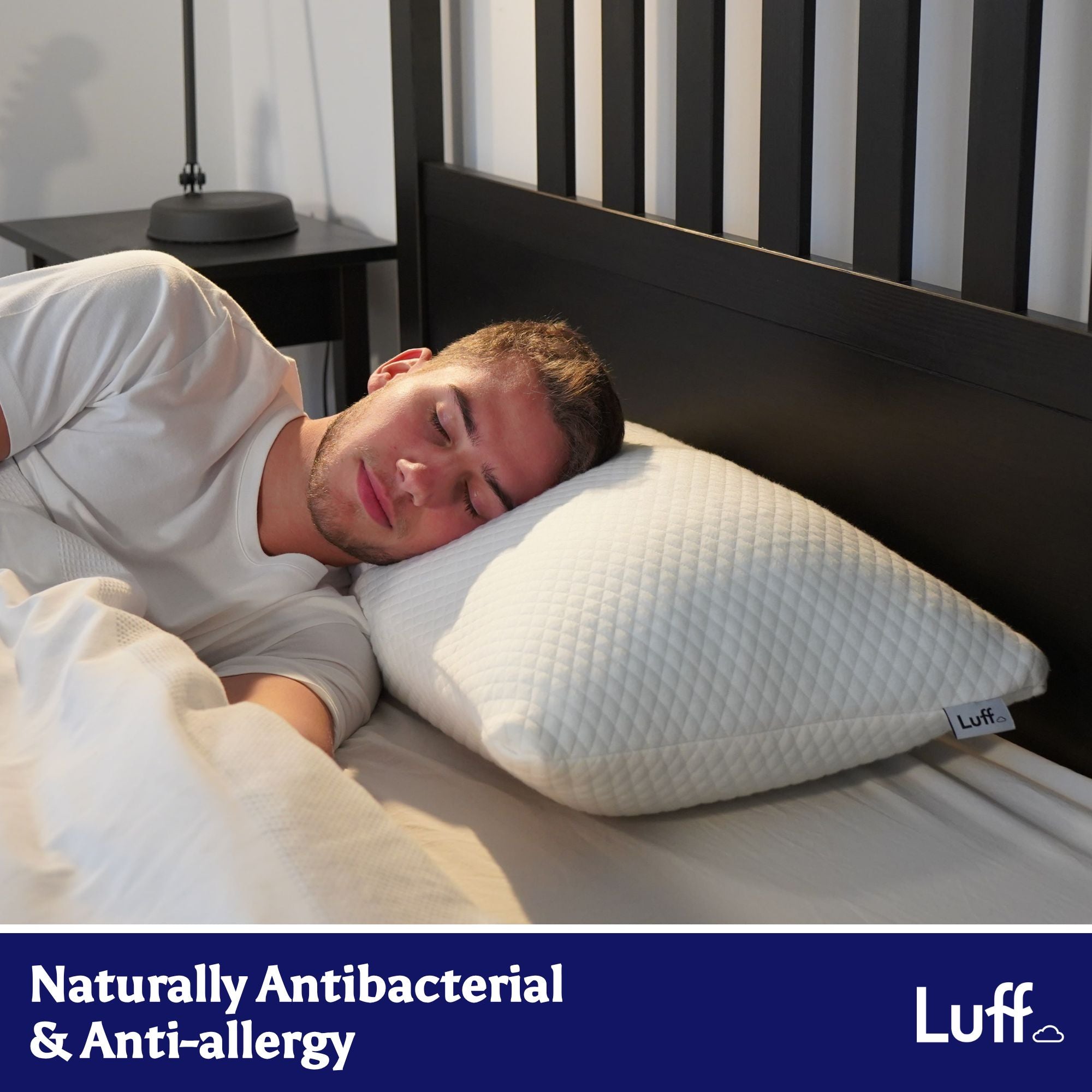 White quilted luxury bamboo pillow with soft breathable fabric and small luff brand tag on the corner