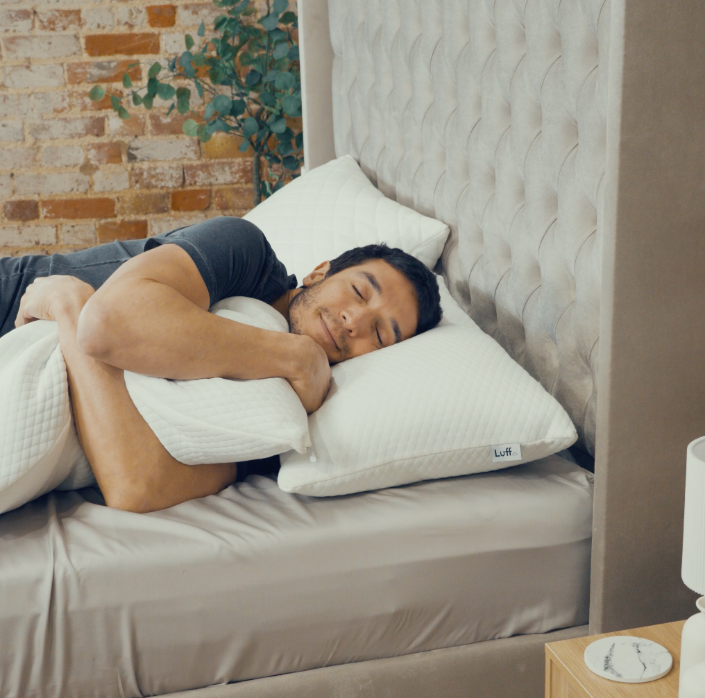 White quilted luxury bamboo pillow with a small luff brand tag on the corner perfect for restful sleep