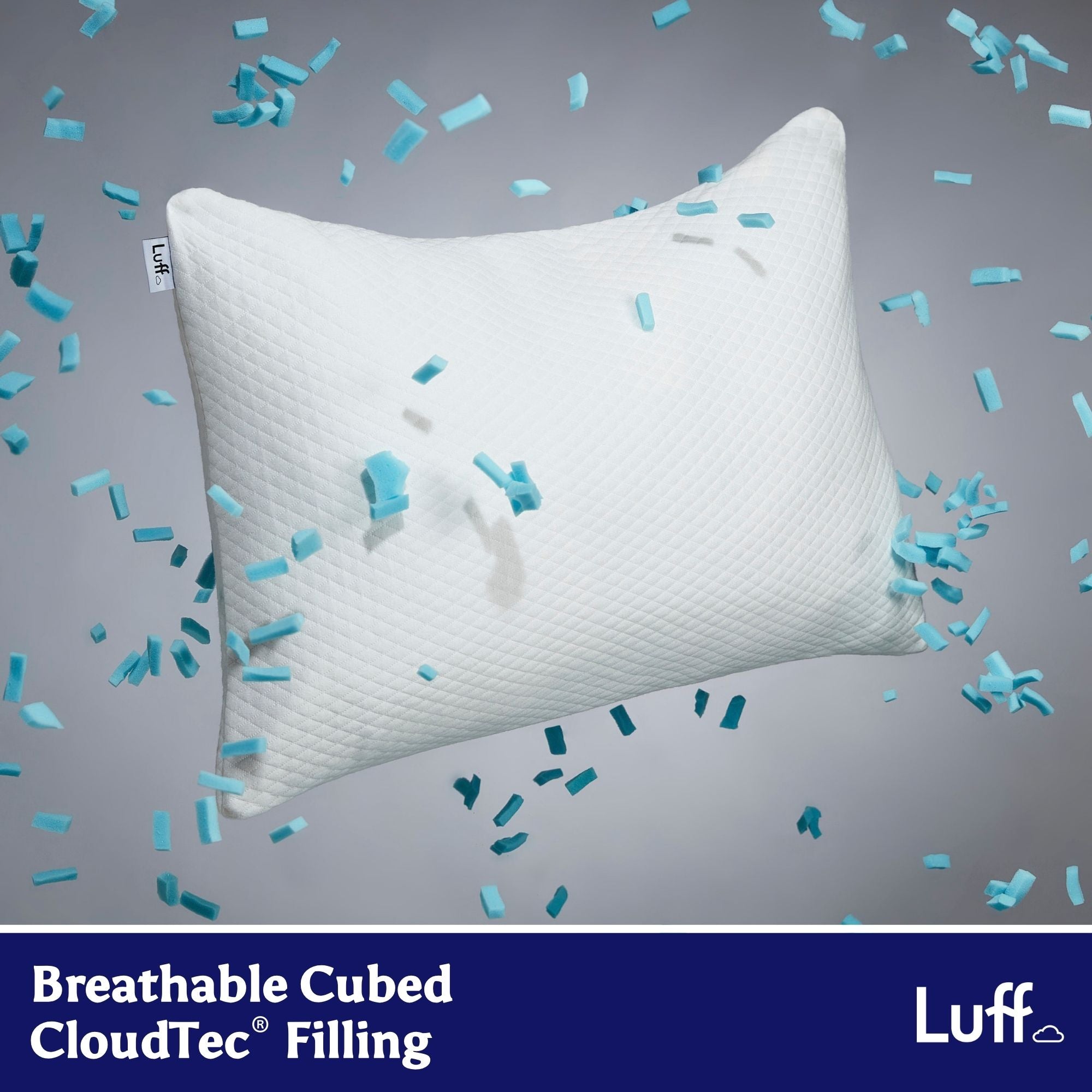 White luxury bamboo pillow with quilted surface and breathable cubed cloudtec filling by luff brand