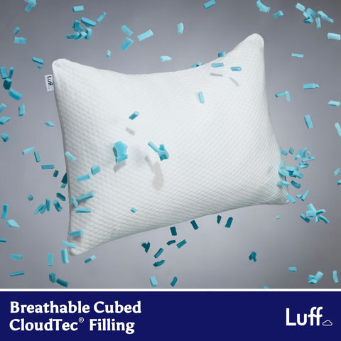White luxury bamboo pillow with quilted surface and breathable cubed cloudtec filling by luff brand
