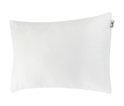 White rectangular luxury bamboo pillow with subtle texture and small luff brand tag on the corner