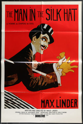 Vibrant red vintage movie poster featuring max linder wearing a silk hat for the man in the silk hat 1983