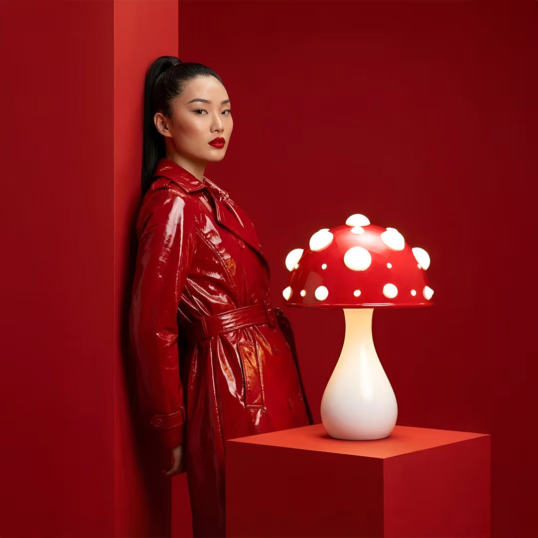 The manita lamp is a red amanita mushroom table lamp with white polka dots and a glossy finish for cozy lighting