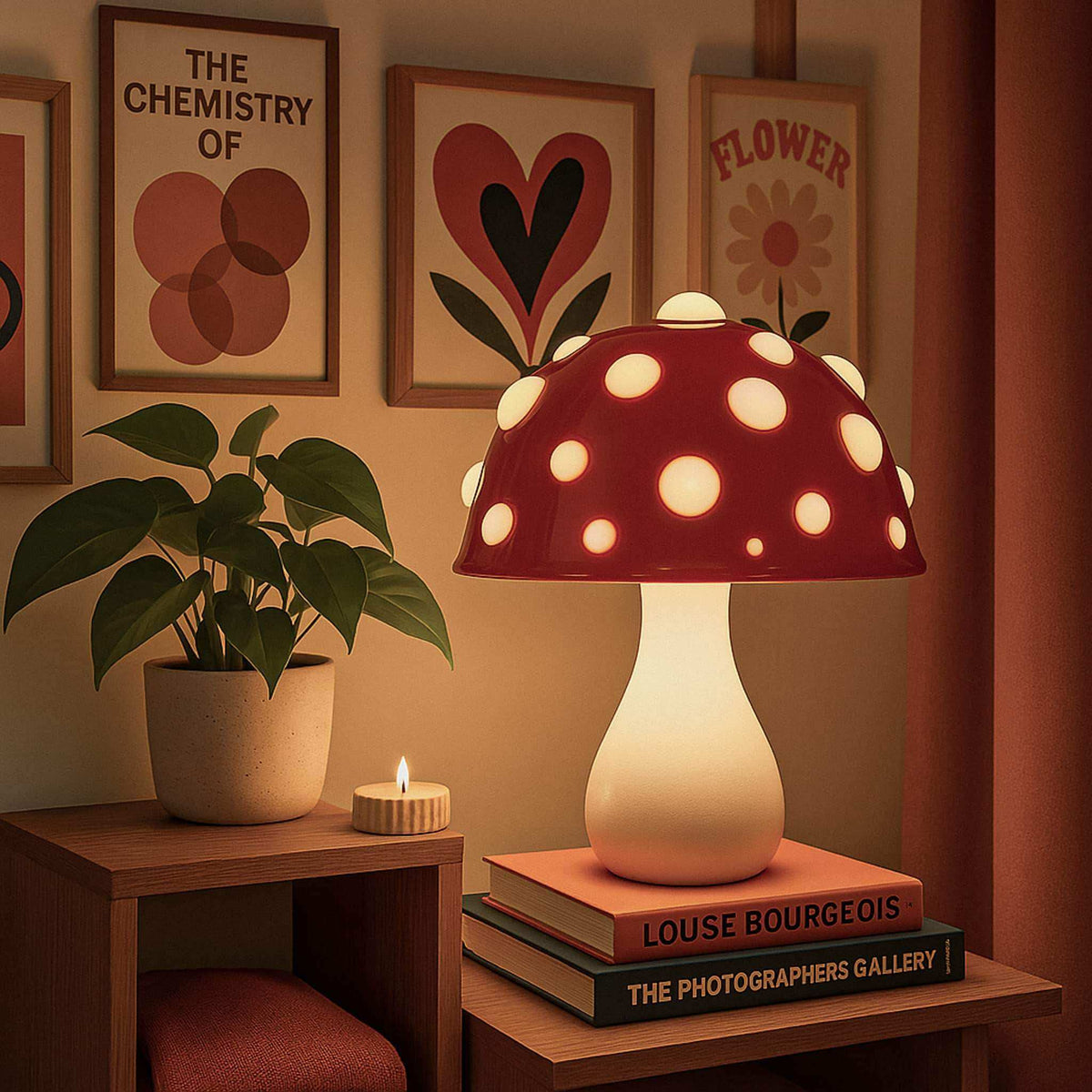 The manita lamp is a red ceramic mushroom lamp with white polka dots and a glowing interior inspired by amanita mushroom plug types
