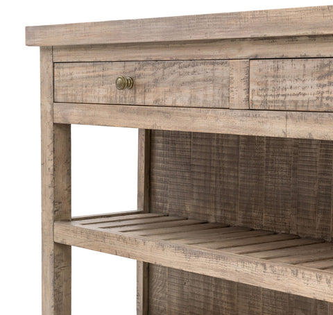 Rustic gray wood kitchen island console table with single drawer and slatted lower shelf called the manor unit