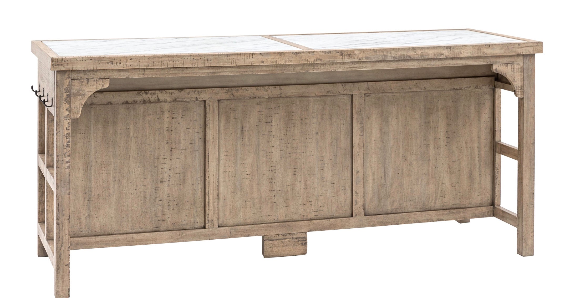 The manor kitchen island features light gray distressed wood with a white marble countertop and three panel doors