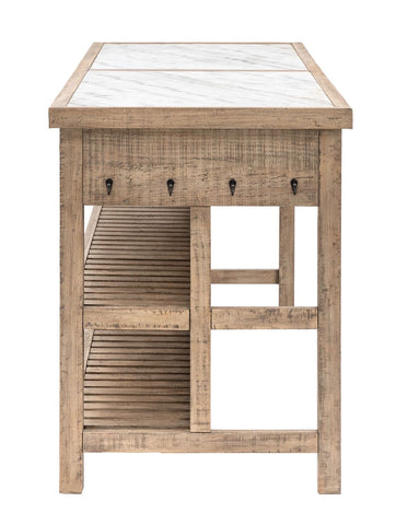 Rustic wooden kitchen island with white marble top and black metal hooks from the manor kitchen island unit