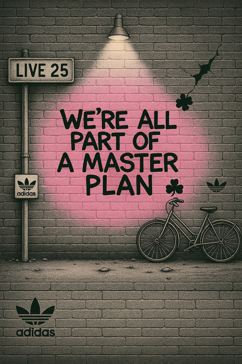 Black classic bicycle leaning against a brick graffiti wall spotlighted under lyric we’re in the masterplan poster