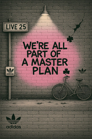 Black classic bicycle leaning against a brick graffiti wall spotlighted under lyric we’re in the masterplan poster