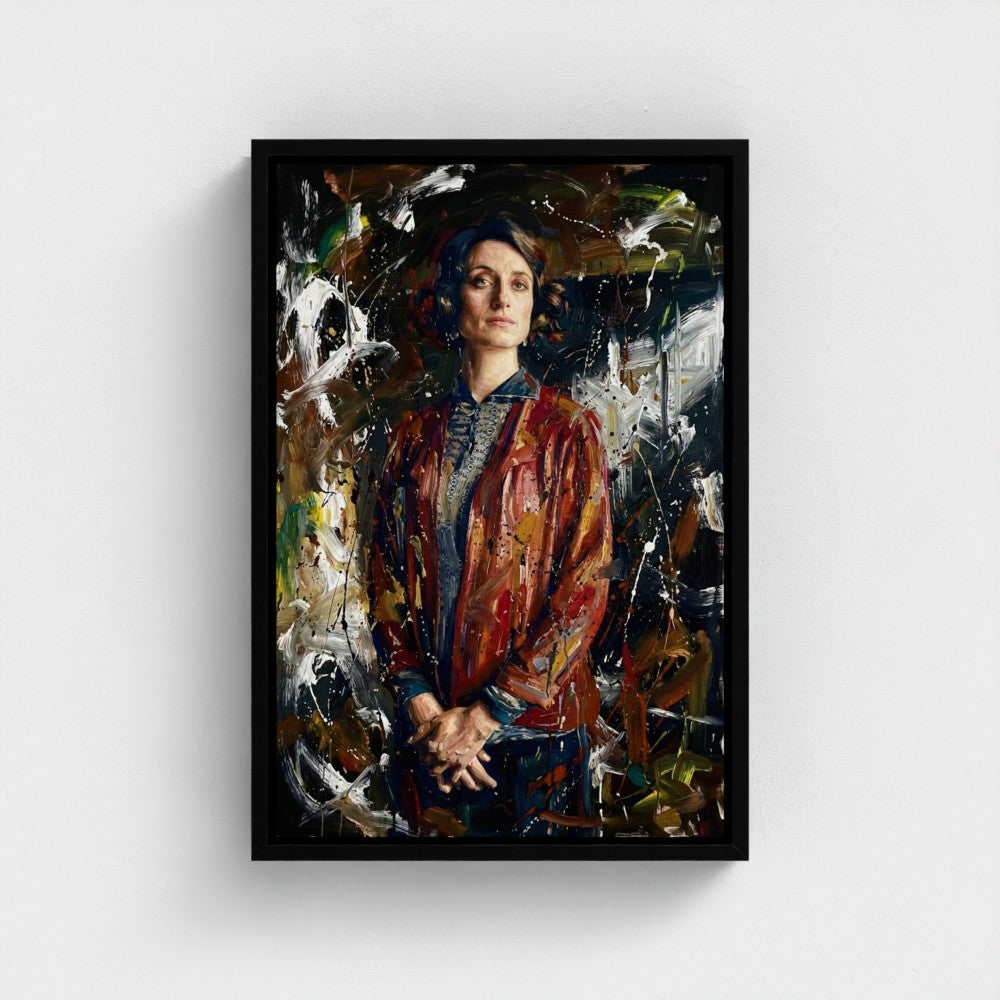 A framed canvas portrait painting called the matriarch’s shadow featuring expressive reds browns and blacks