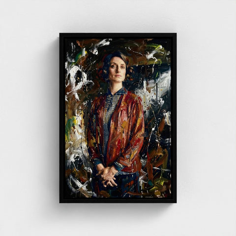 A framed canvas portrait painting called the matriarch’s shadow featuring expressive reds browns and blacks