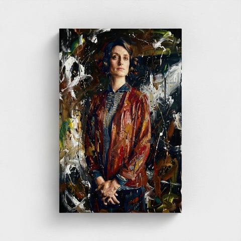 A vibrant framed canvas portrait of a woman in a red and orange jacket titled the matriarchs shadow
