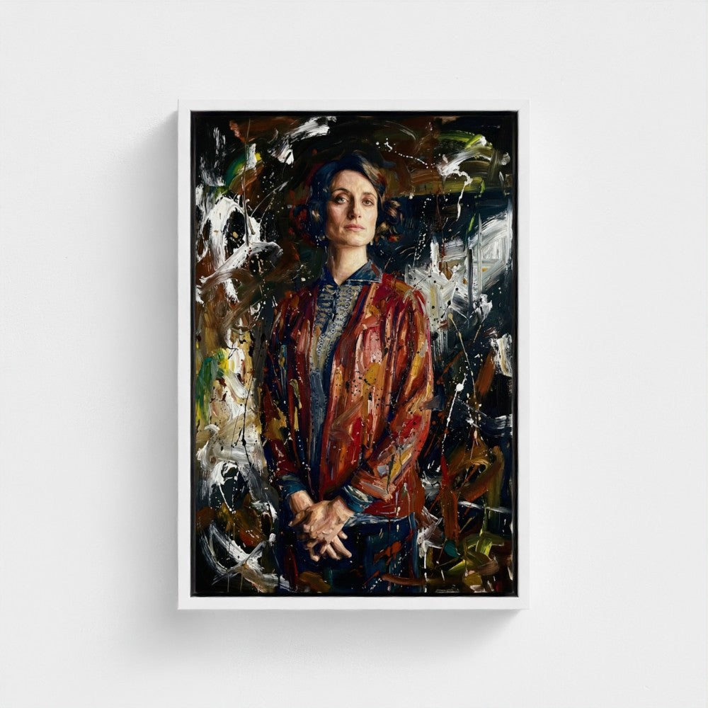 A framed canvas portrait painting of a woman in a red jacket titled the matriarchs shadow with textured background