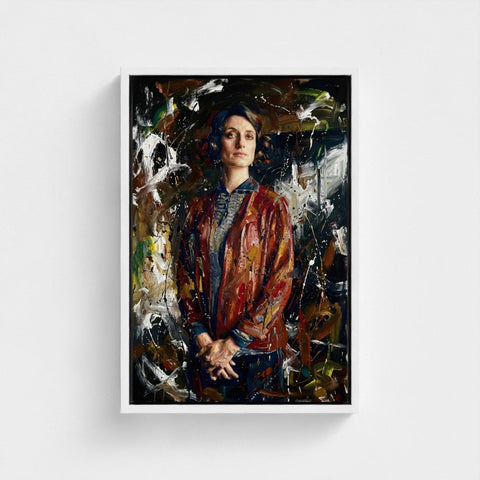 A framed canvas portrait painting of a woman in a red jacket titled the matriarchs shadow with textured background