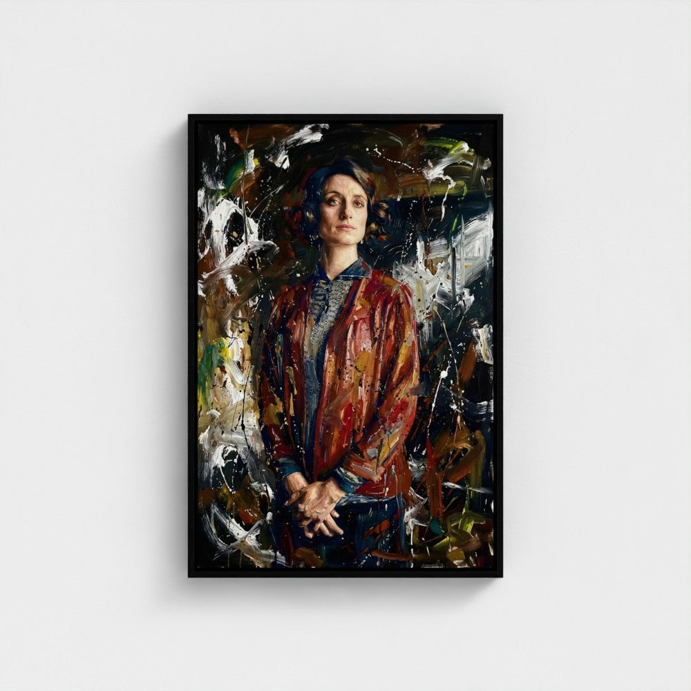 A framed canvas portrait titled the matriarchs shadow featuring a woman in abstract earthy textured brushstrokes