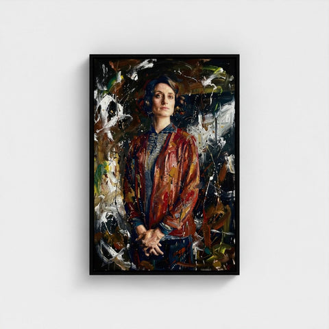 A framed canvas portrait titled the matriarchs shadow featuring a woman in abstract earthy textured brushstrokes