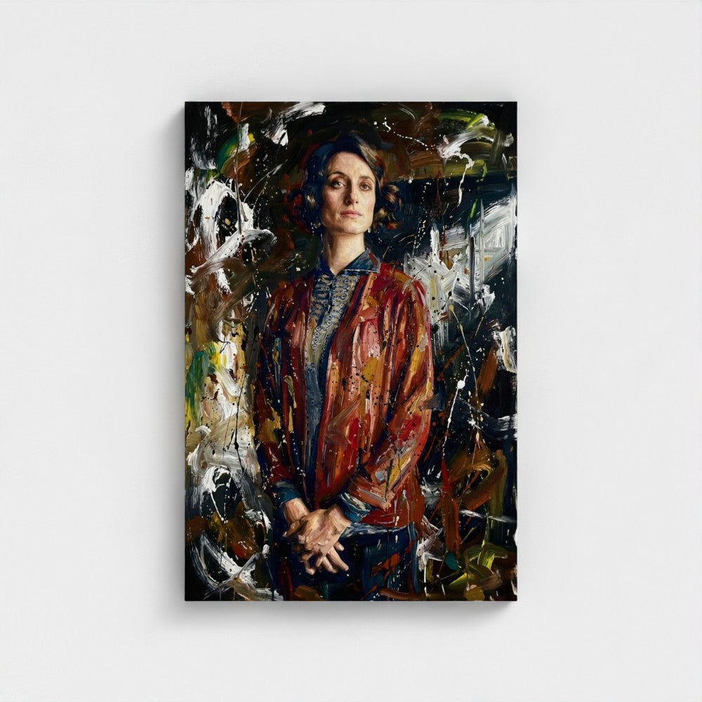 The matriarchs shadow framed canvas with vibrant abstract woman in textured red and orange jacket and bold background