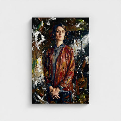 The matriarchs shadow framed canvas with vibrant abstract woman in textured red and orange jacket and bold background