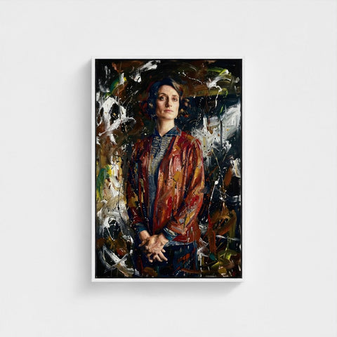 A framed canvas portrait painting of a woman in a red jacket titled the matriarchs shadow with textured background