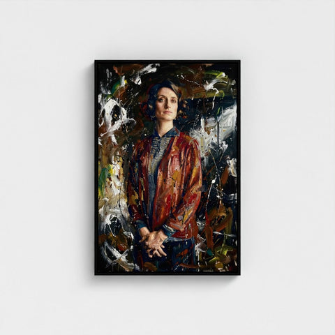 A framed canvas abstract portrait painting titled the matriarch’s shadow featuring a woman in a red jacket