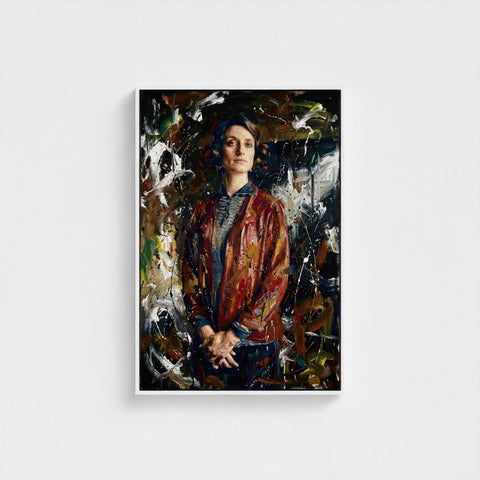 A framed canvas portrait painting titled the matriarch’s shadow featuring a woman in a reddish brown textured jacket