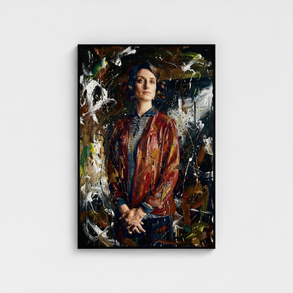 A framed canvas portrait of a woman in a red jacket with expressive brushstrokes and abstract background titled the matriarchs shadow