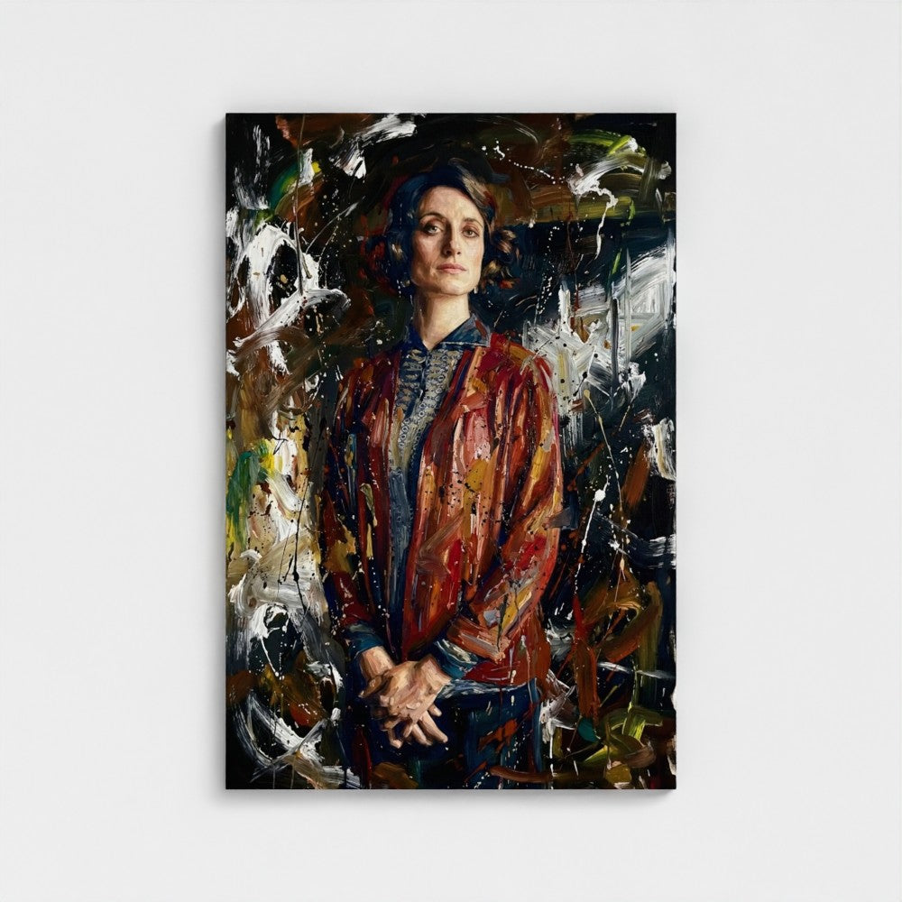 A vibrant textured portrait painting of a woman in a red jacket on a framed canvas titled the matriarchs shadow