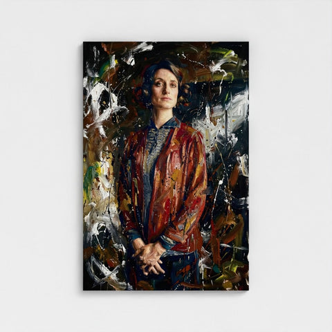 A vibrant textured portrait painting of a woman in a red jacket on a framed canvas titled the matriarchs shadow