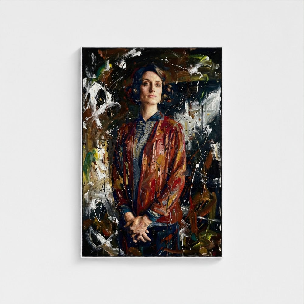 A framed canvas portrait titled the matriarchs shadow showing a woman in a textured red jacket with bold brushstrokes