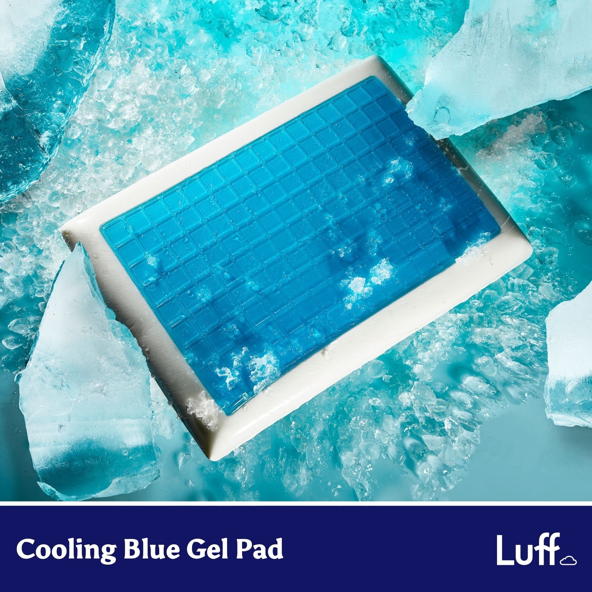 The mayfair cooling gel pillow features a blue gel cooling pad with a white border for comfort and temperature control