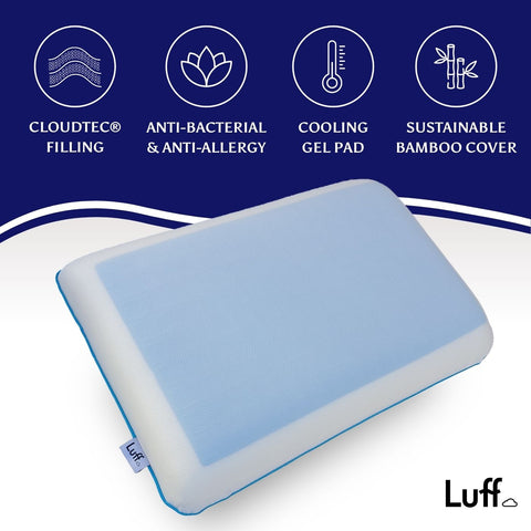 Light blue mayfair cooling gel pillow with white border bamboo cover and cloudtec filling for better sleep comfort