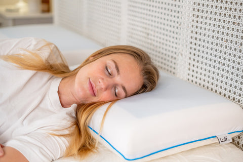 White mayfair cooling gel pillow with blue piping and luff brand label for a cool comfortable sleep