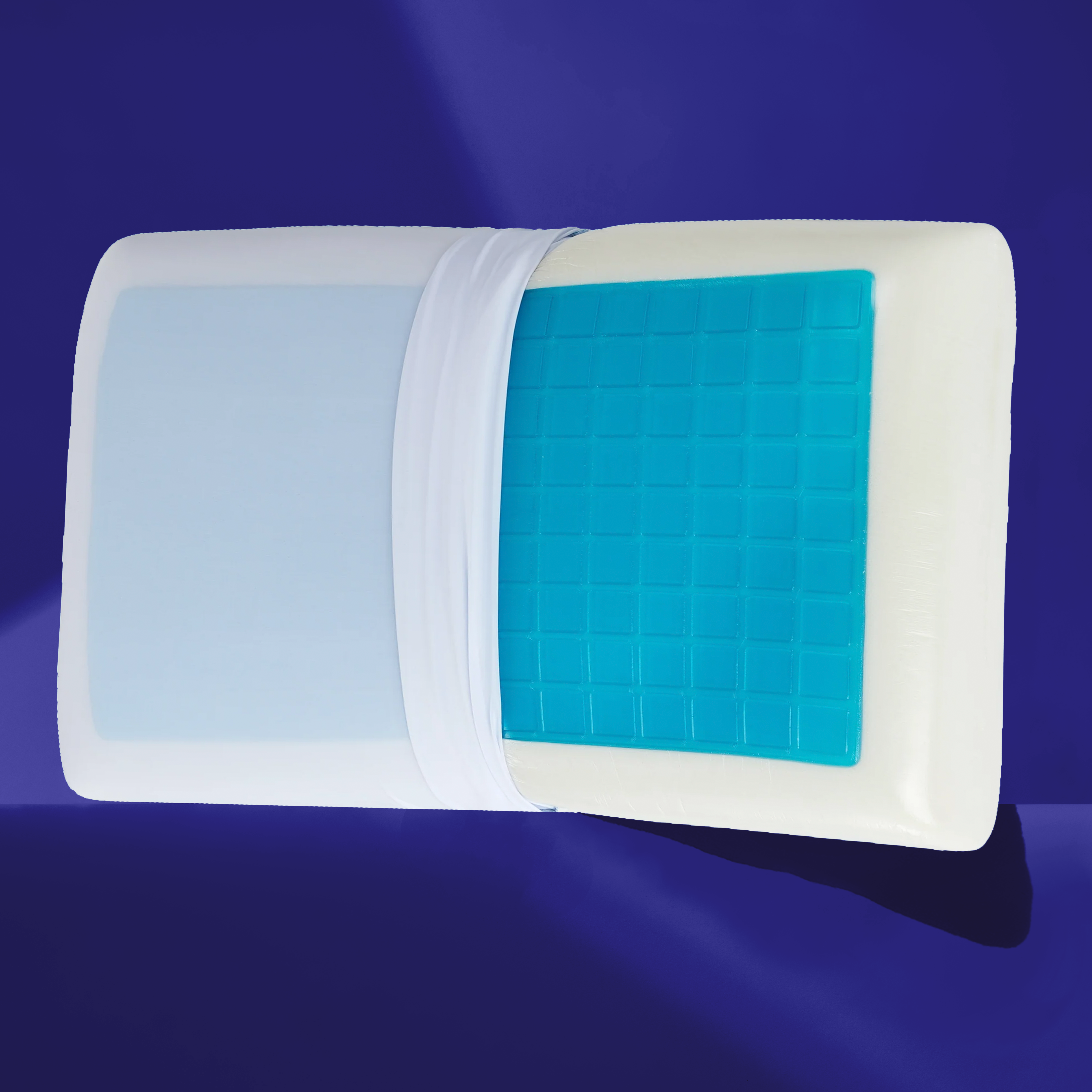 The mayfair cooling gel pillow with a white pillow, translucent blue gel insert, and white fabric strap for comfort