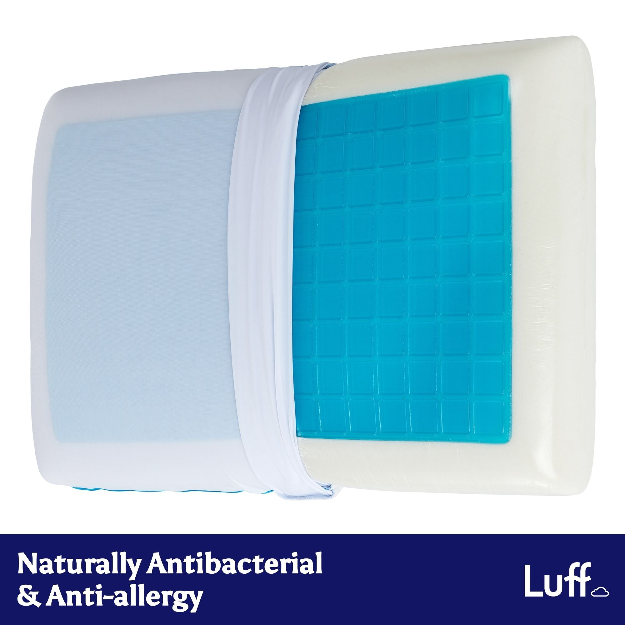 White cooling gel pillow with blue gel memory foam insert and luff brand logo for better sleep comfort
