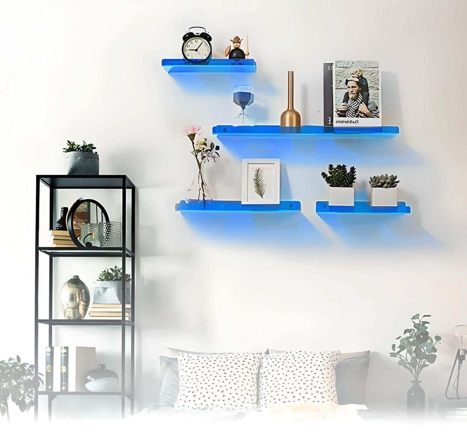 Blue translucent minimal acrylic shelf made of acrylic with a sleek minimal design for modern decor